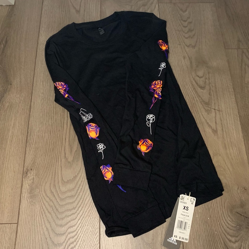 Adidas Neon Rose Tattoo arm logo Black Long Sleeve Shirt XS NWT